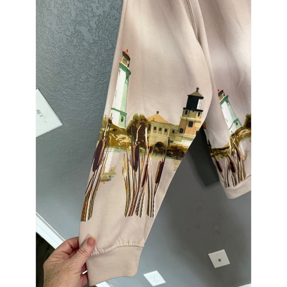 VTG Blair Fleece Sweatshirt Cardigan 2XL Tan Lighthouse Coastal Grandma Oversize - Picture 5 of 9